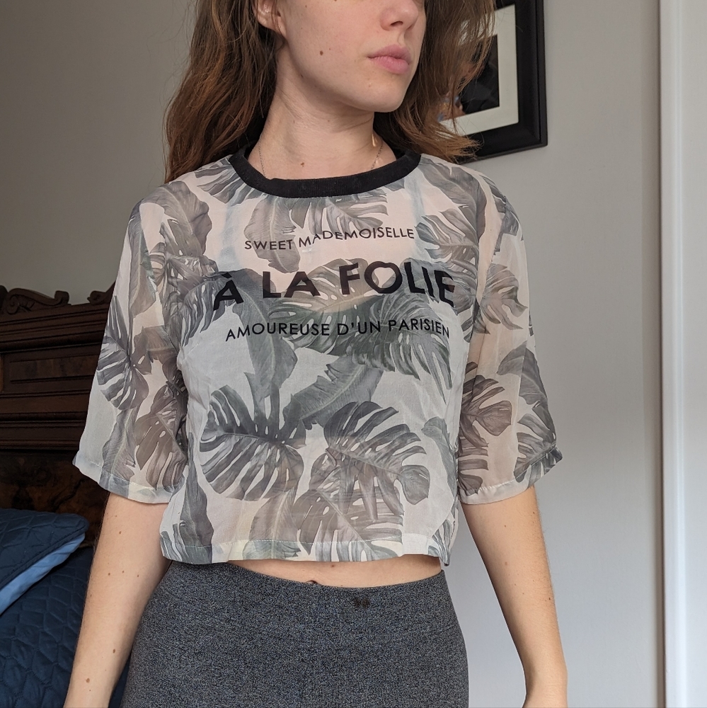 Divided Sheer Crew Neck Graphic Tee Crop Top